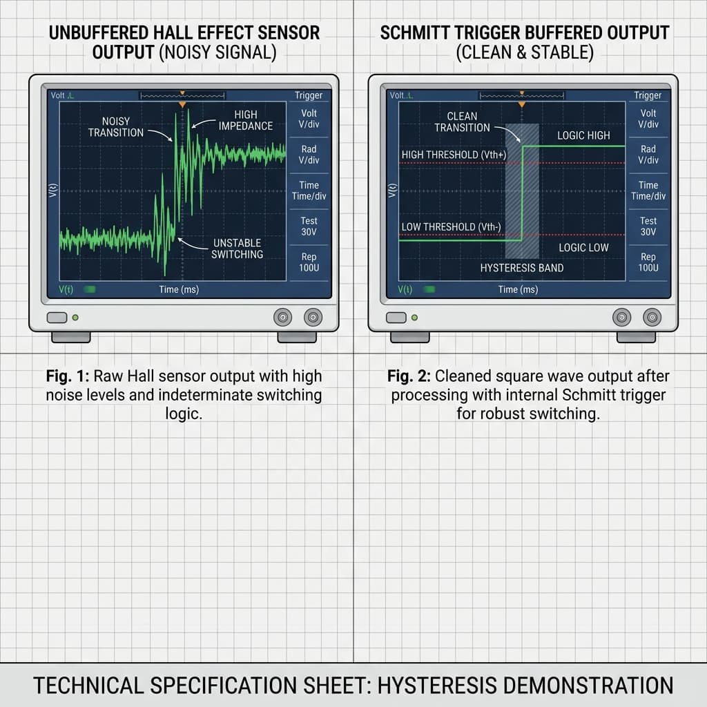 Oscilloscope screen showing digital switching waveforms from a Hall effect sensor, comparing noisy transitions with a clean, Schmitt trigger stabilized output