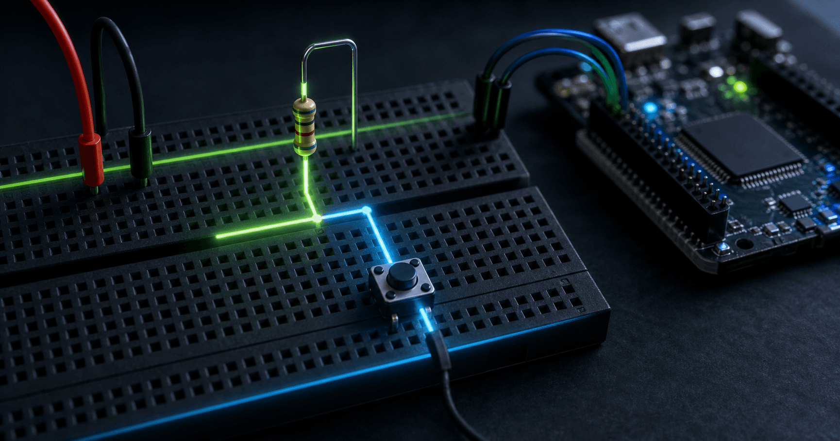 Pull-up resistor wiring diagram showing a button input held high until pressed to ground