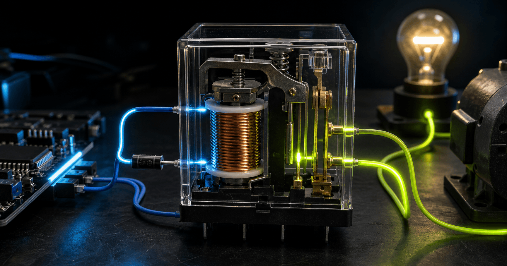 Electromechanical relay showing coil, armature, normally open and normally closed contacts