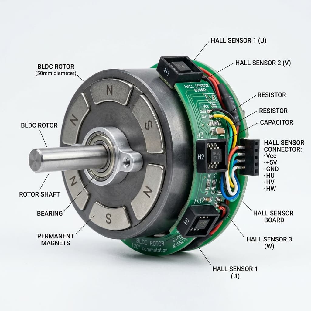Macro photograph of a Brushless DC motor showing internal coils and three small black latching Hall effect sensors placed near the rotor