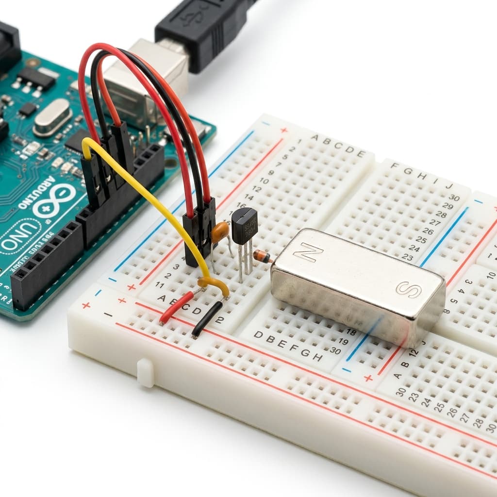 Macro photograph of an SS49E analog linear Hall Effect sensor mounted on a breadboard next to a strong neodymium bar magnet
