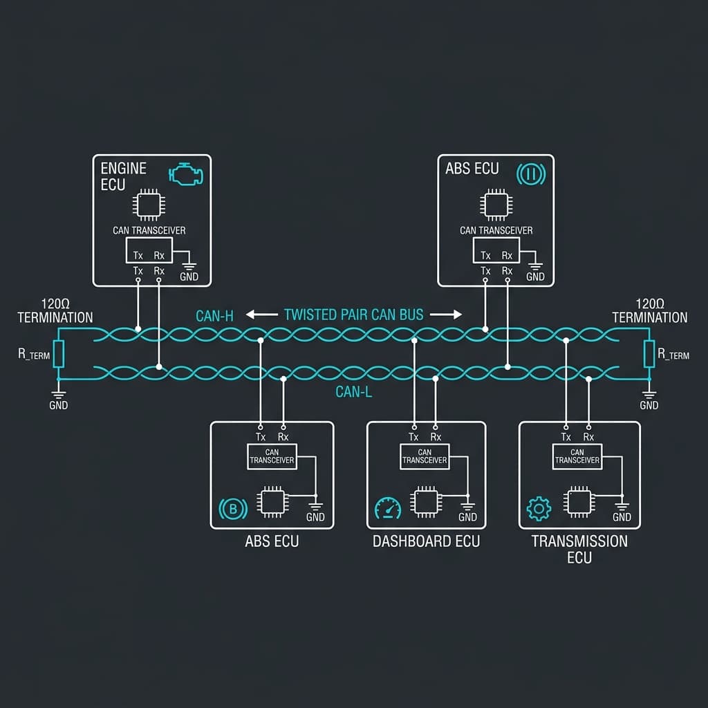 CAN bus network diagram showing multiple ECUs connected to CAN-H and CAN-L twisted pair with 120 ohm terminators