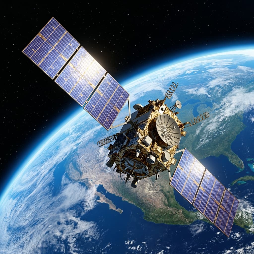 GPS satellite constellation showing trilateration process — four satellites calculating position on Earth's surface