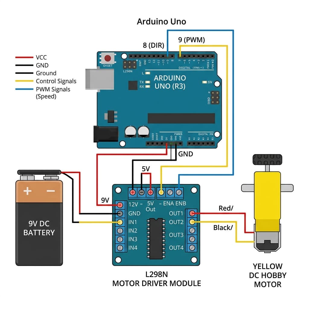 Connection wiring schematic showing an Arduino Uno connected to L298N driver board, including external DC battery connections, motor outputs, and GPIO connections