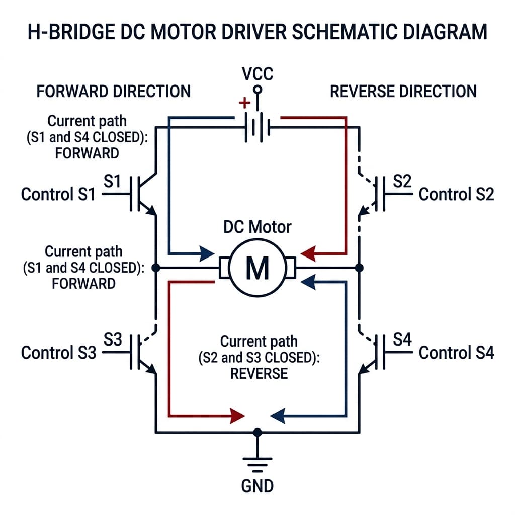 Circuit diagram of an H-bridge showing four switches (S1, S2, S3, S4) arranged in an H-shape around a central DC motor, illustrating forward and reverse current flows