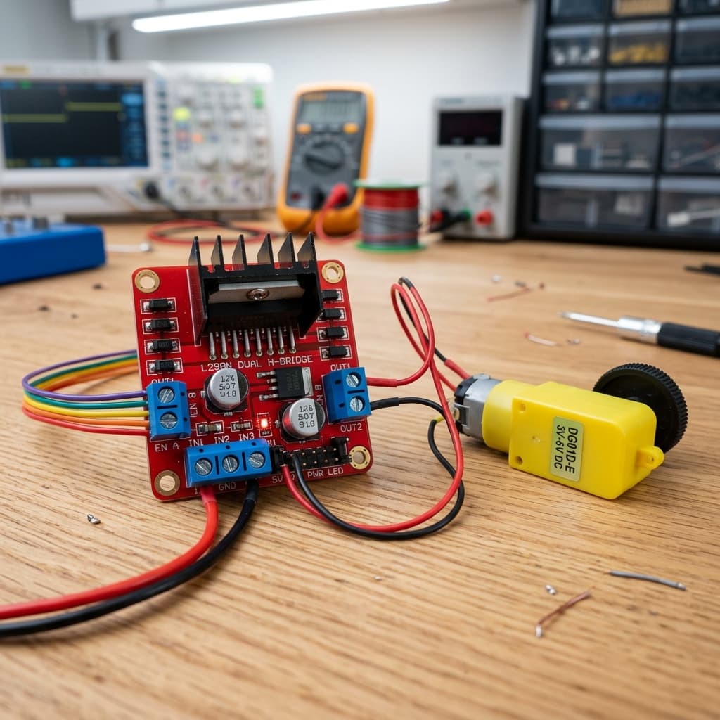 L298N Dual H-Bridge motor driver board on a wooden bench connected to an Arduino Uno and DC motor