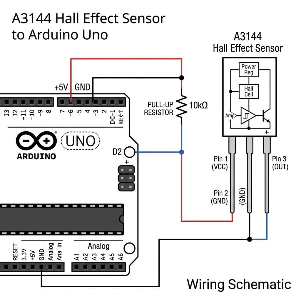 Arduino connection wiring diagram showing 3-pin TO-92 Hall Effect sensor, highlighting VCC, GND, and the 10k pull-up resistor on the signal pin