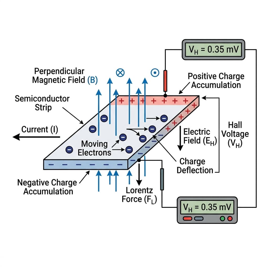 Educational physics diagram showcasing Lorentz force deflecting charge carriers inside a conductor under a perpendicular magnetic field, generating a transverse Hall voltage
