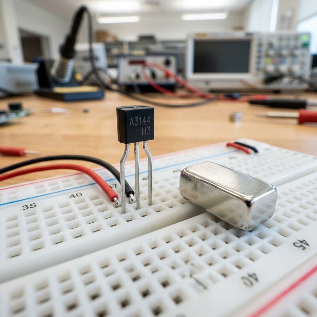 Macro shot of a tiny black 3-pin TO-92 Hall Effect sensor placed on a breadboard next to a metallic neodymium bar magnet