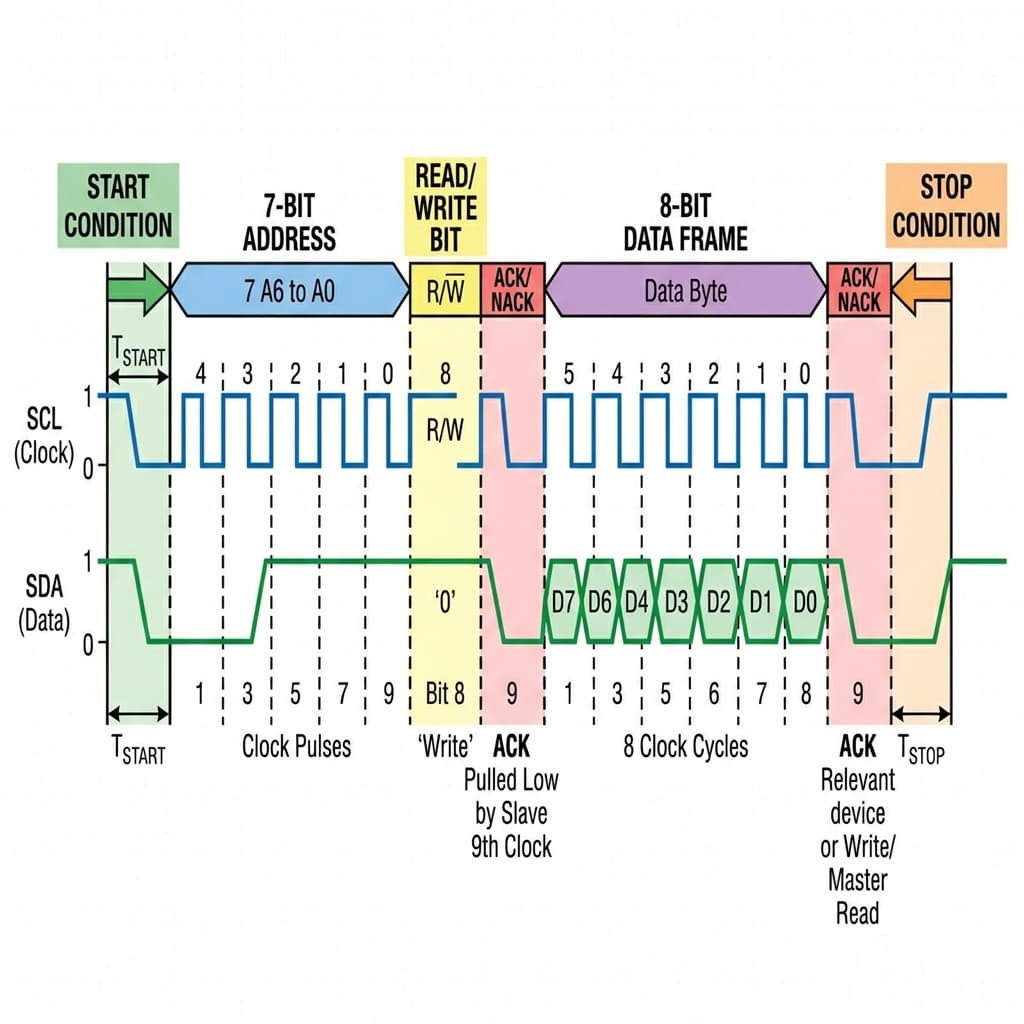 I2C signal timing frame detailing Start bit, Address frame, R/W bit, ACK/NACK, Data frames, and Stop bit