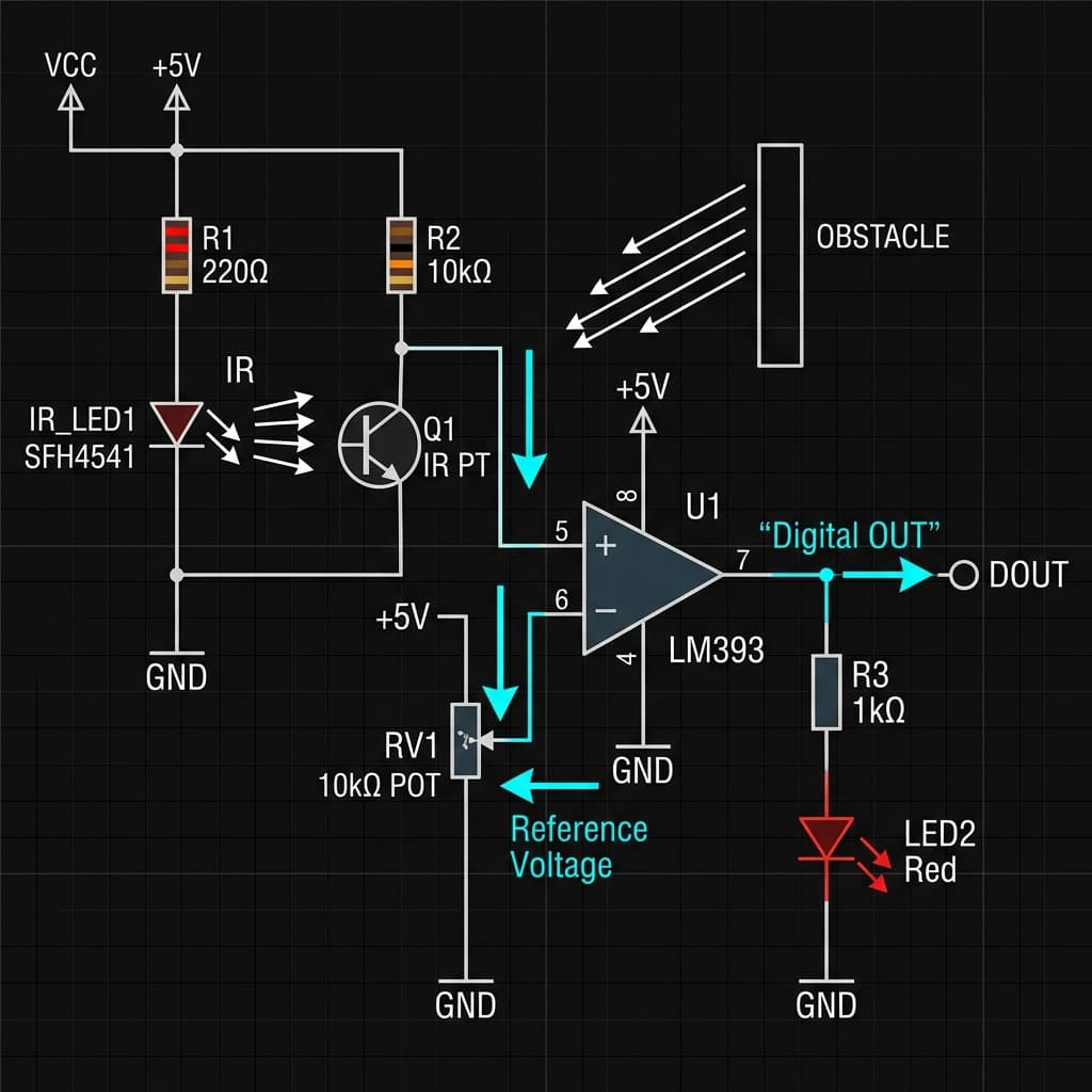 Active IR obstacle detection sensor circuit schematic diagram showing LM393 comparator, emitter LED, and phototransistor receiver