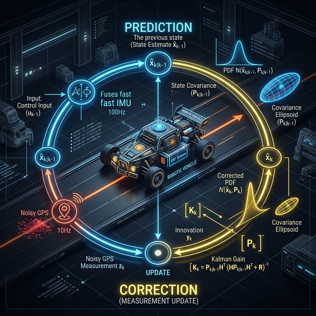 Recursive prediction correction loop diagram explaining the mathematical process behind the Kalman filter