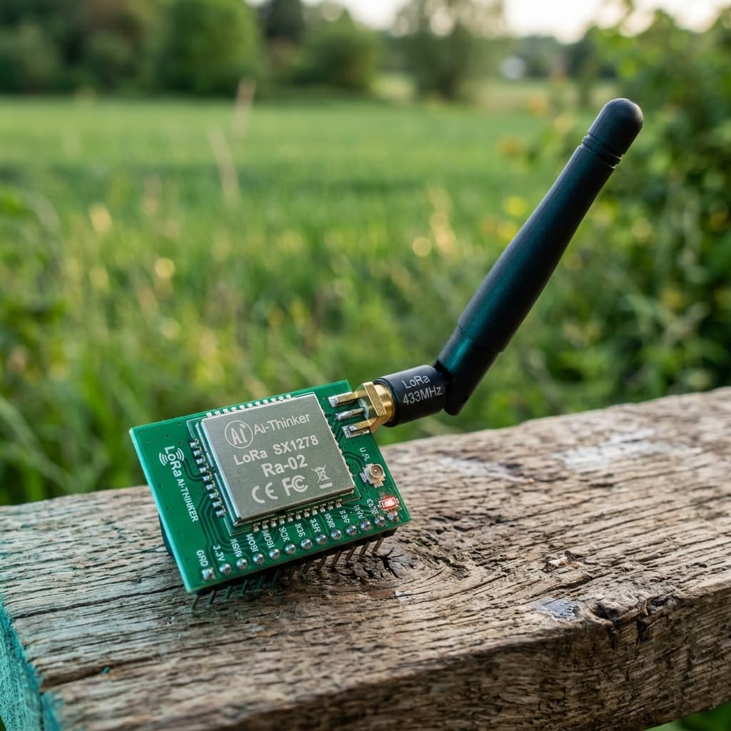 LoRa SX1278 868MHz module with a whip antenna deployed in an outdoor IoT sensor node enclosure