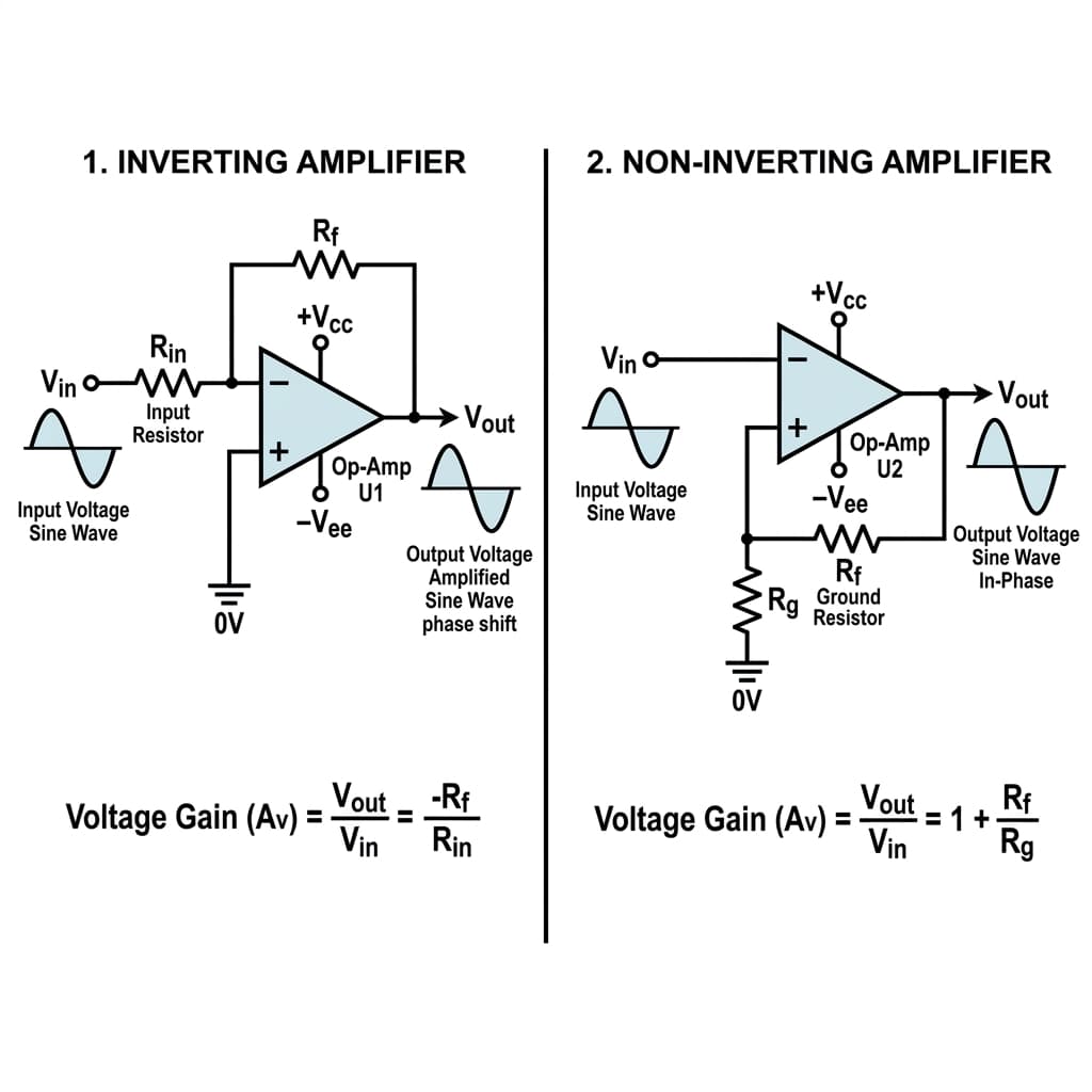 Inverting and Non-inverting operational amplifier circuit schematics side-by-side with gain equations