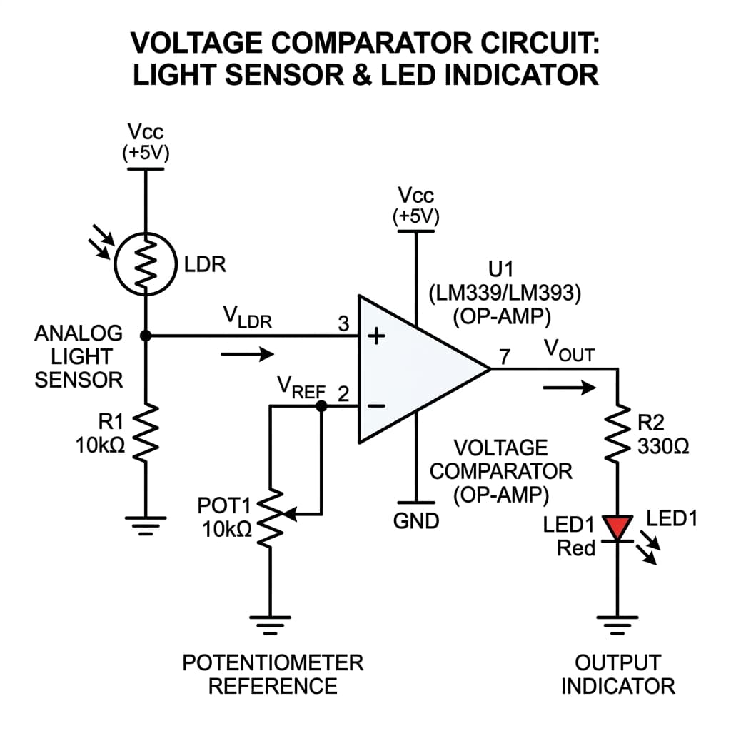 Circuit diagram of a voltage comparator using an op-amp, comparing analog voltage from a light sensor to a reference potentiometer voltage