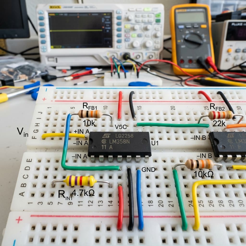 Macro shot of an LM358 dual operational amplifier IC chip wired with capacitors and resistors on a breadboard
