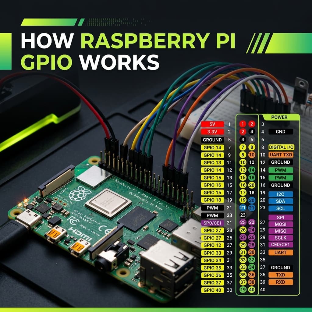Close-up of Raspberry Pi 4 40-pin GPIO header with colorful jumper wires connected and GPIO pinout diagram showing power ground digital PWM I2C SPI UART pins