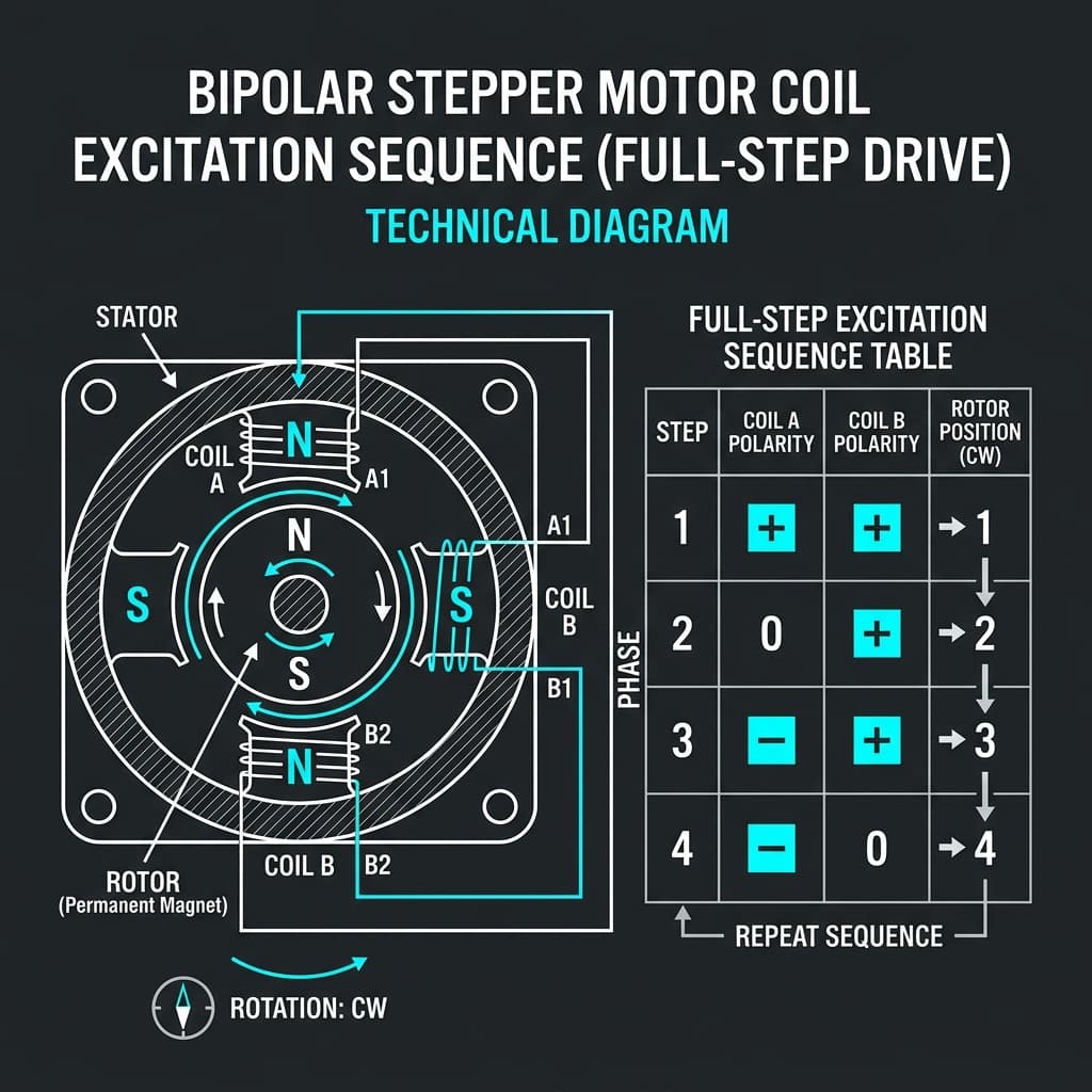 Stepper motor coil sequence and magnetic field steps diagram