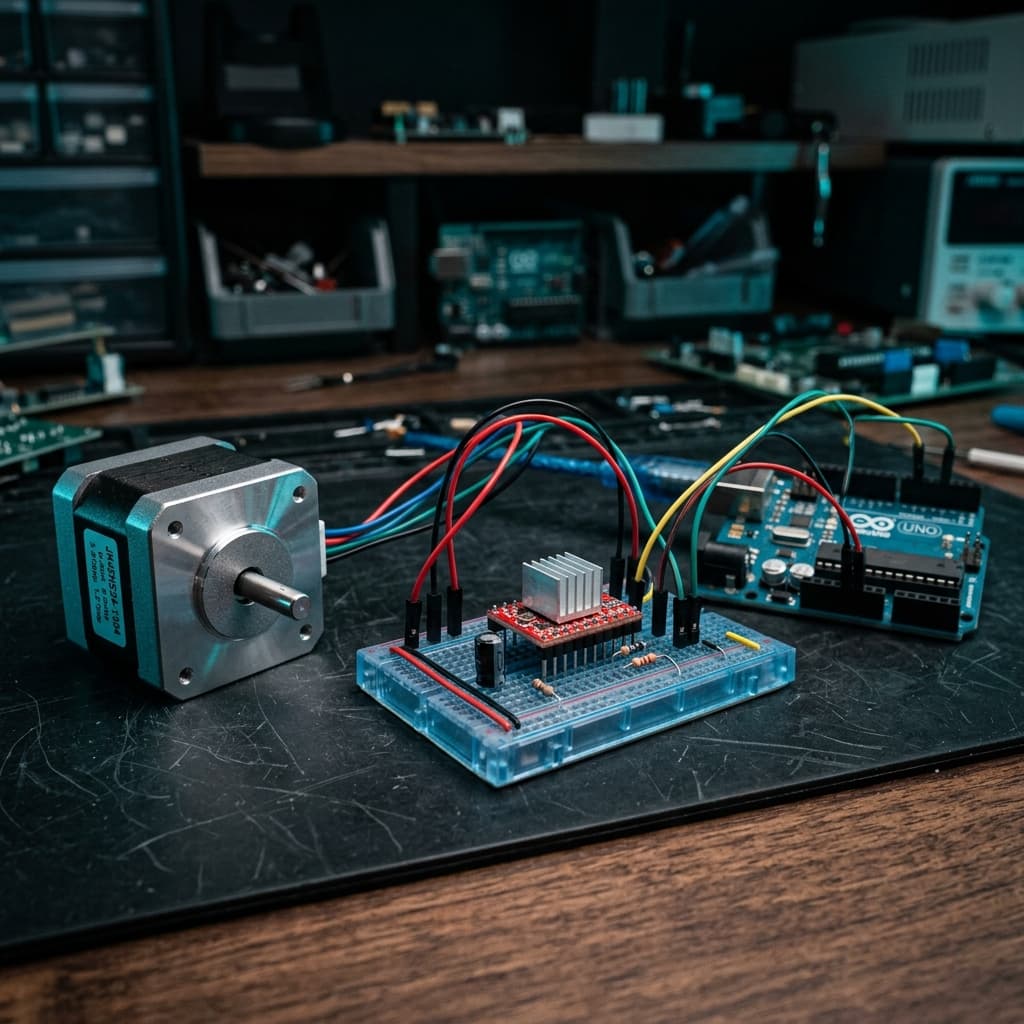 NEMA 17 stepper motor connected to an A4988 driver module on a breadboard with Arduino