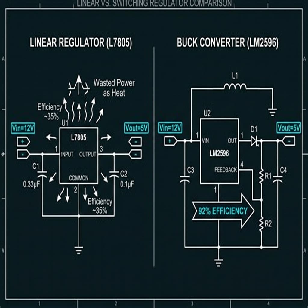 Linear LDO vs Switching Buck Converter circuit comparison schematics