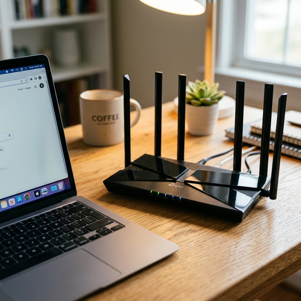 WiFi signal transmission diagram showing router broadcasting 2.4GHz and 5GHz radio waves to connected devices