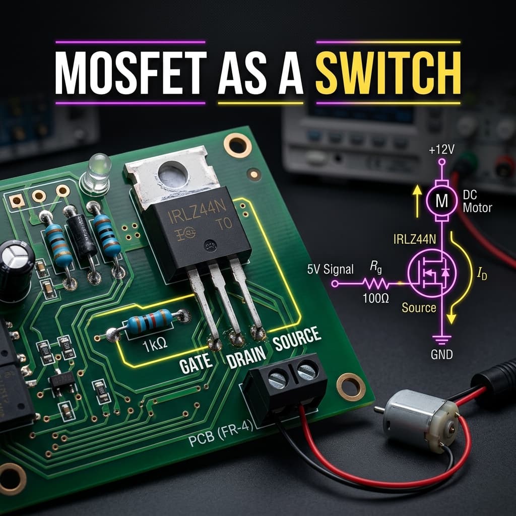 IRLZ44N N-channel MOSFET on PCB with Gate Drain Source terminals labeled and motor switching circuit overlay