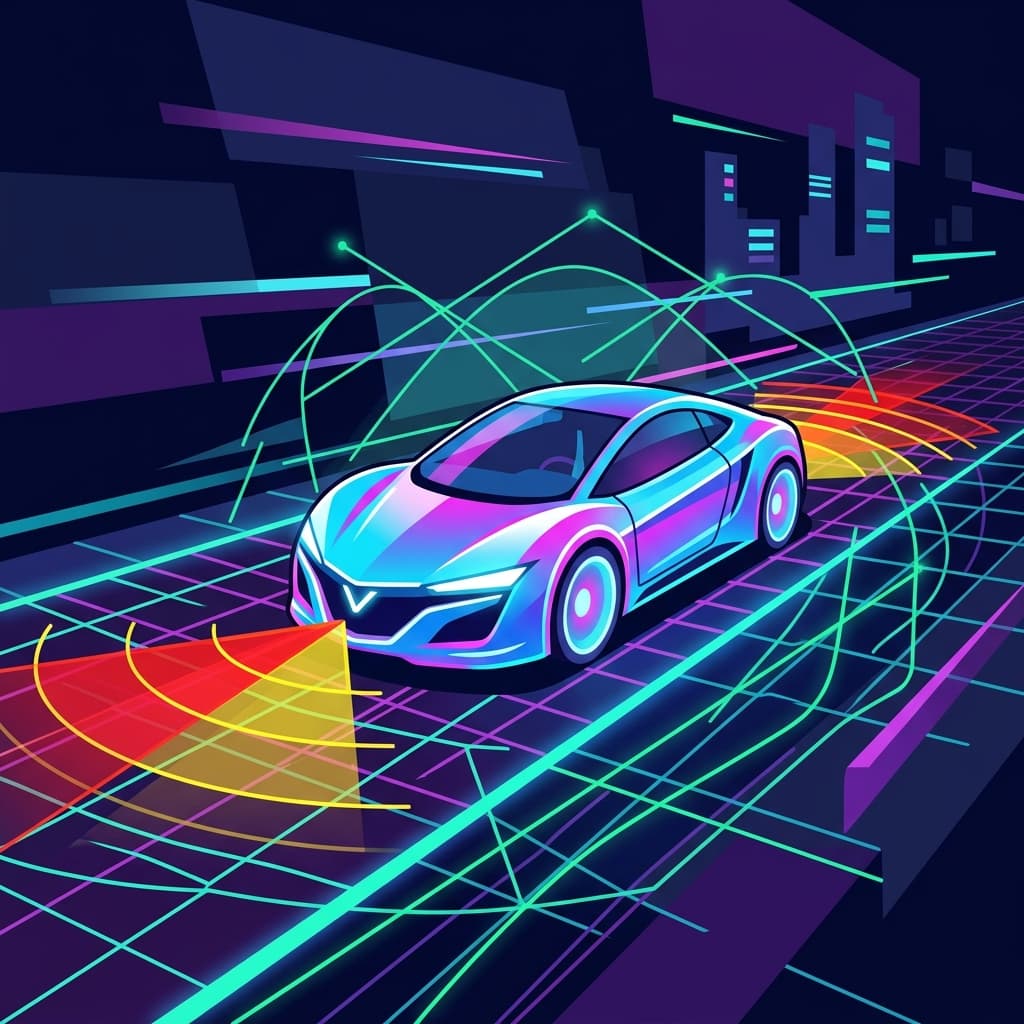 Futuristic visualization of a self-driving car sensor suite